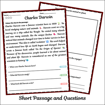 Charles Darwin | Short Reading Comprehension Creative Worksheet