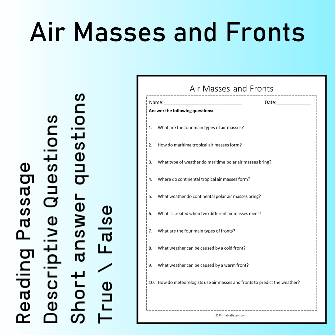 Air Masses and Fronts | Reading Comprehension Passage Printable Worksheet