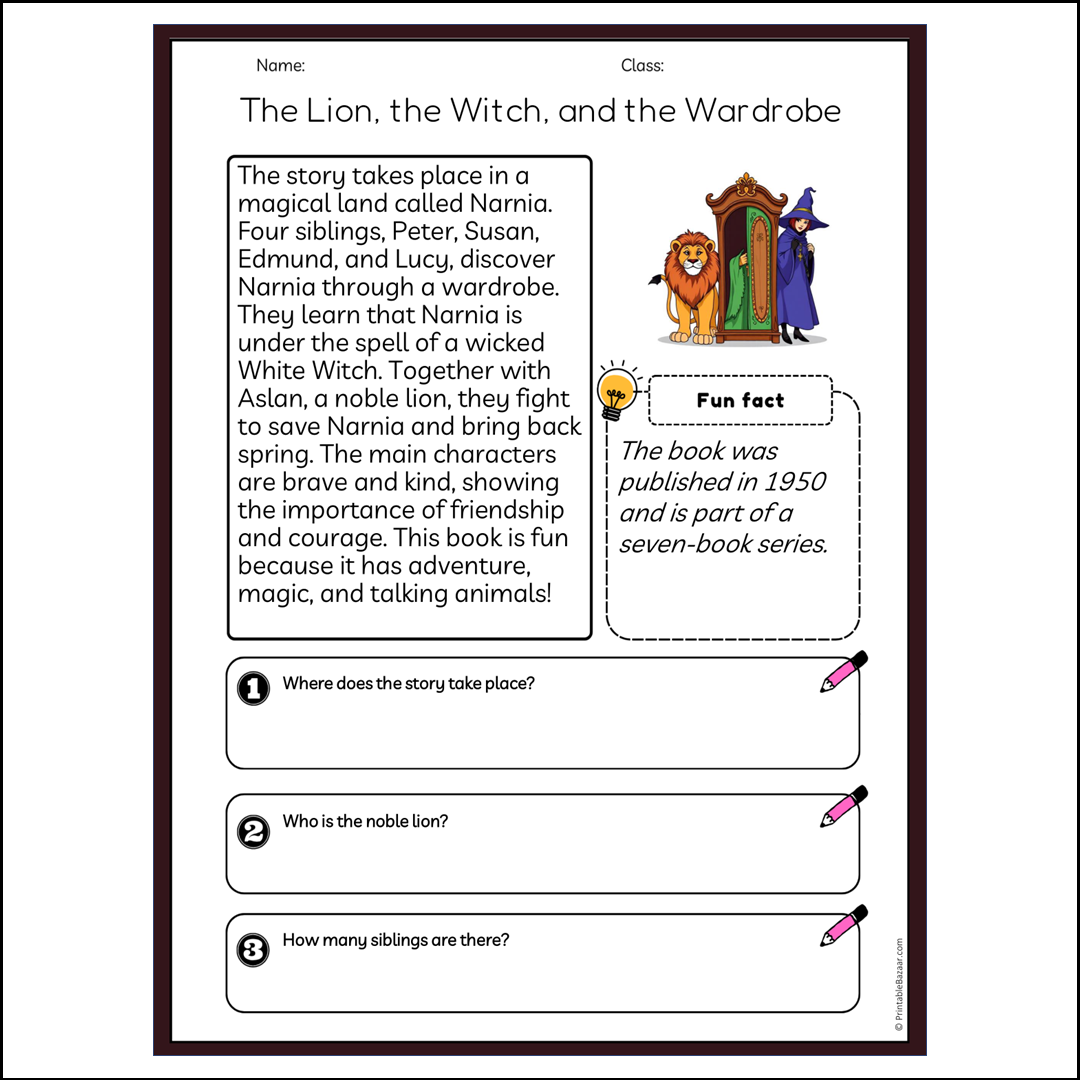 The Lion, the Witch, and the Wardrobe | Reading Passage Comprehension Questions Writing Facts Worksheet