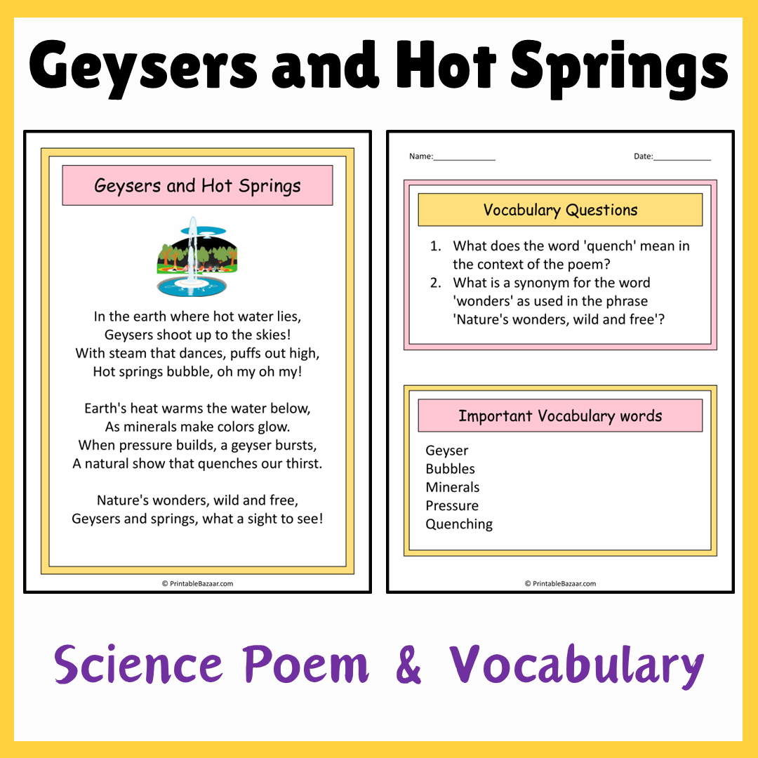 Geysers and Hot Springs | Science Poem Reading Comprehension Activity