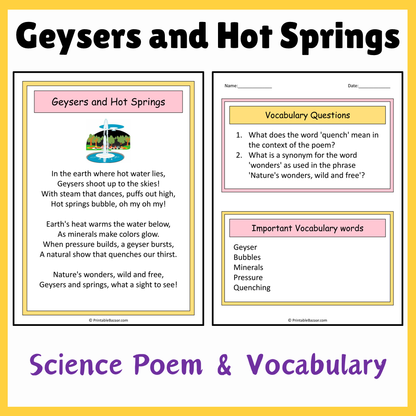 Geysers and Hot Springs | Science Poem Reading Comprehension Activity