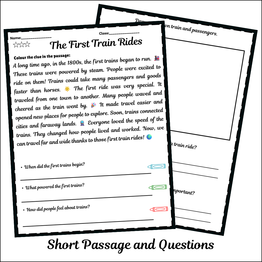 The First Train Rides | Short Reading Comprehension Creative Worksheet