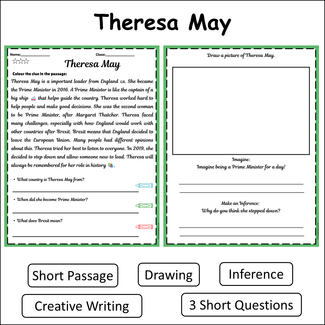 Theresa May | Short Reading Comprehension Creative Worksheet