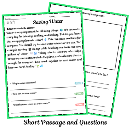 Saving Water | Short Reading Comprehension Creative Worksheet