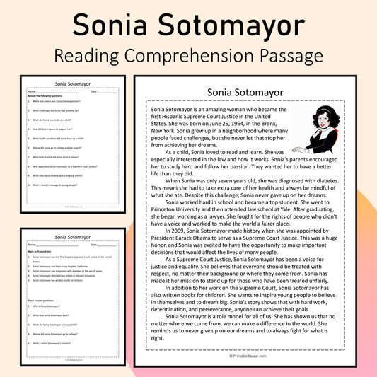 Sonia Sotomayor | Reading Comprehension Passage Printable Activity