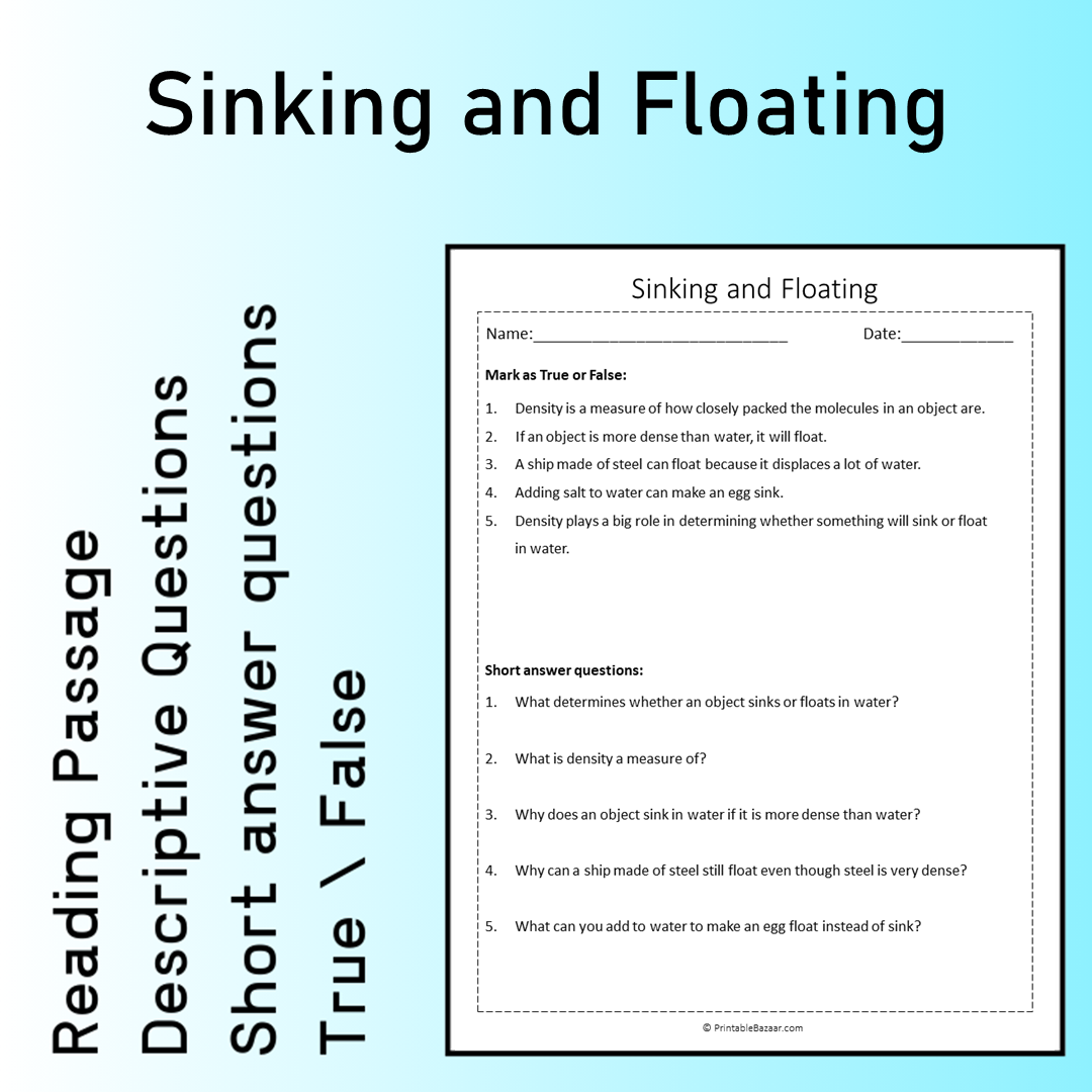 Sinking and Floating | Reading Comprehension Passage Printable Worksheet
