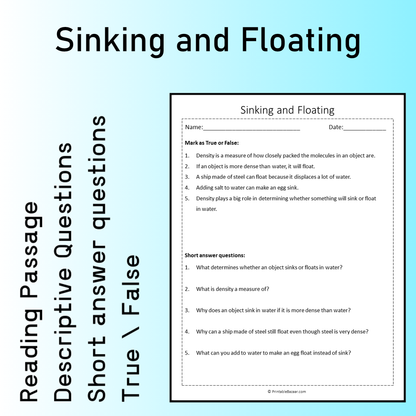 Sinking and Floating | Reading Comprehension Passage Printable Worksheet