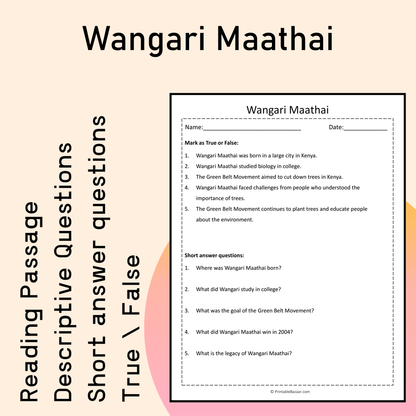 Wangari Maathai | Reading Comprehension Passage Printable Activity