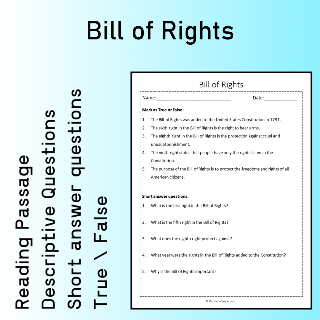 Bill of Rights | Reading Comprehension Passage Printable Worksheet