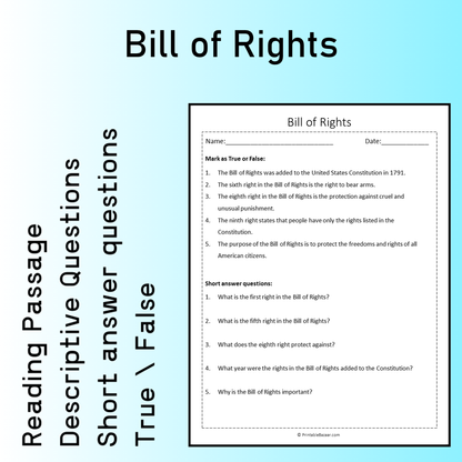 Bill of Rights | Reading Comprehension Passage Printable Worksheet