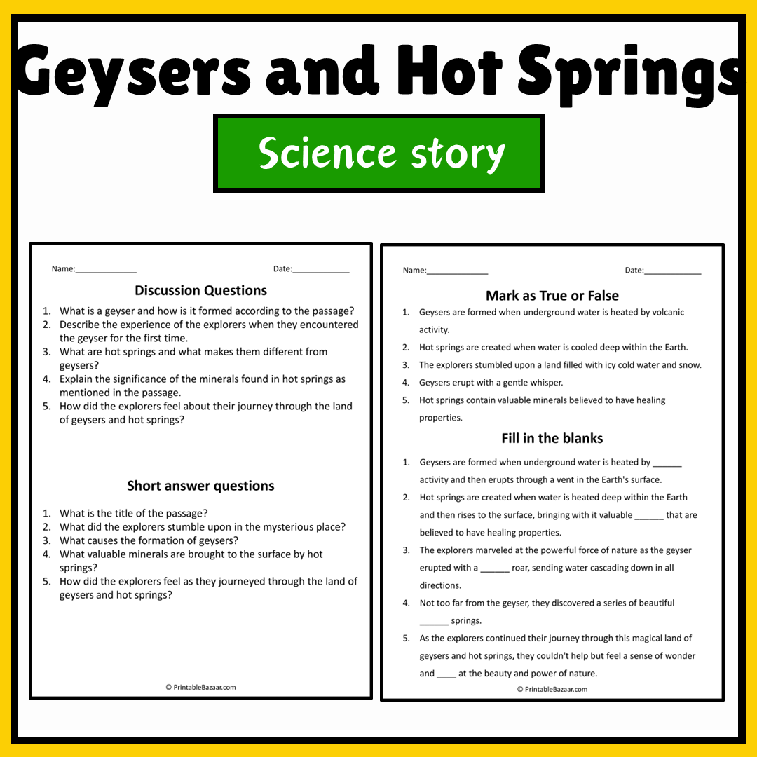 Geysers and Hot Springs | Science Story Reading Comprehension Activity