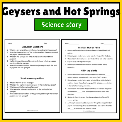 Geysers and Hot Springs | Science Story Reading Comprehension Activity