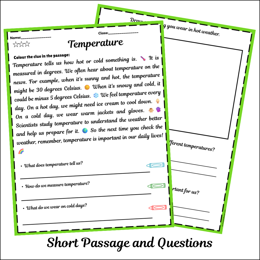 Temperature | Short Reading Comprehension Creative Worksheet