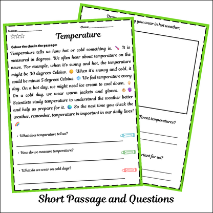 Temperature | Short Reading Comprehension Creative Worksheet