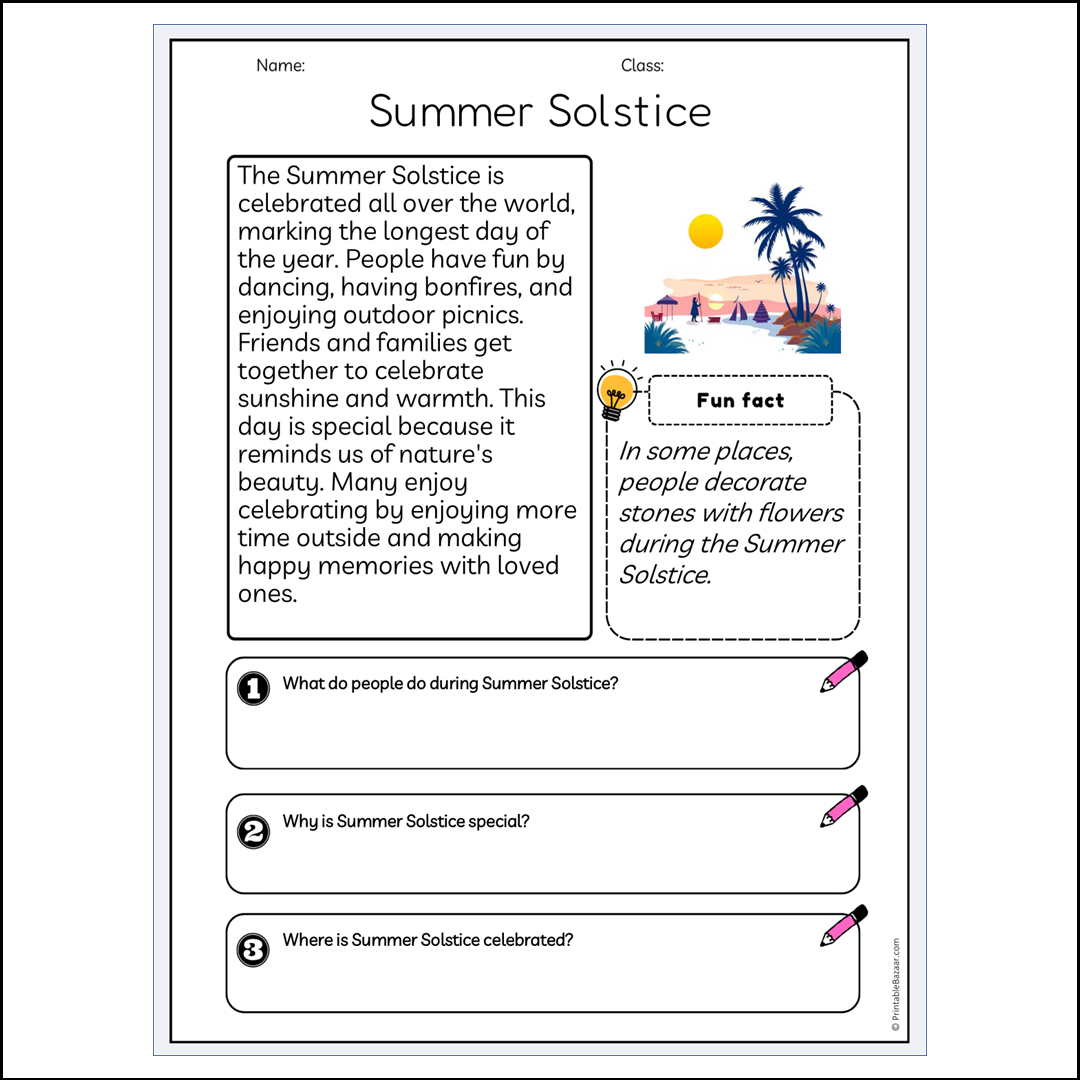 Summer Solstice | Reading Passage Comprehension Questions Writing Facts Worksheet