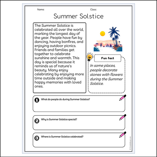 Summer Solstice | Reading Passage Comprehension Questions Writing Facts Worksheet