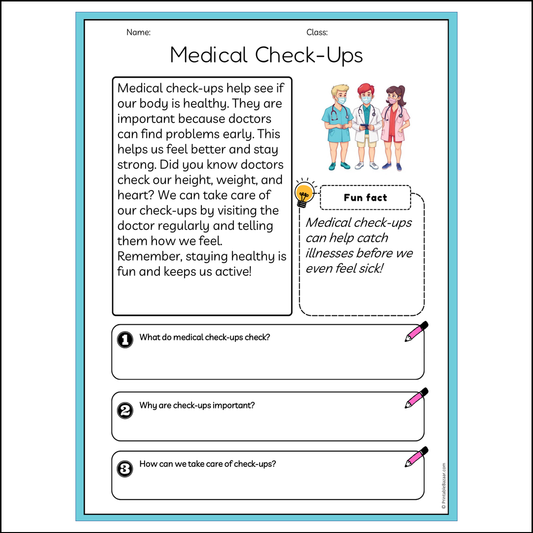 Medical Check-Ups | Reading Passage Comprehension Questions Writing Facts Worksheet