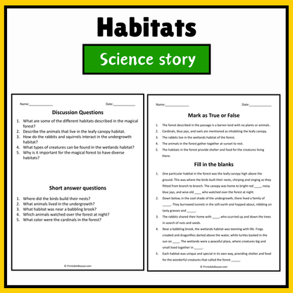 Habitats | Science Story Reading Comprehension Activity