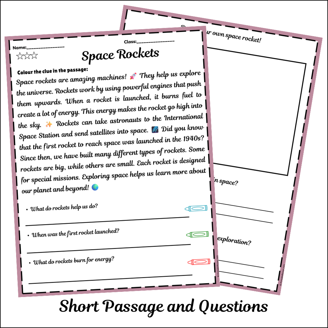 Space Rockets | Short Reading Comprehension Creative Worksheet