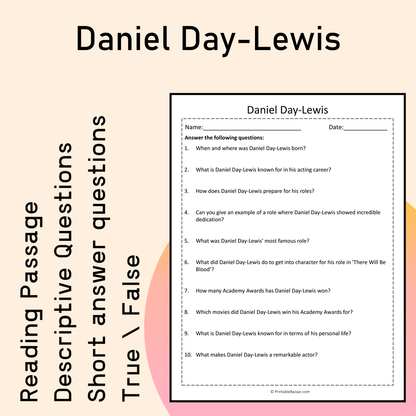 Daniel Day-Lewis | Reading Comprehension Passage Printable Activity