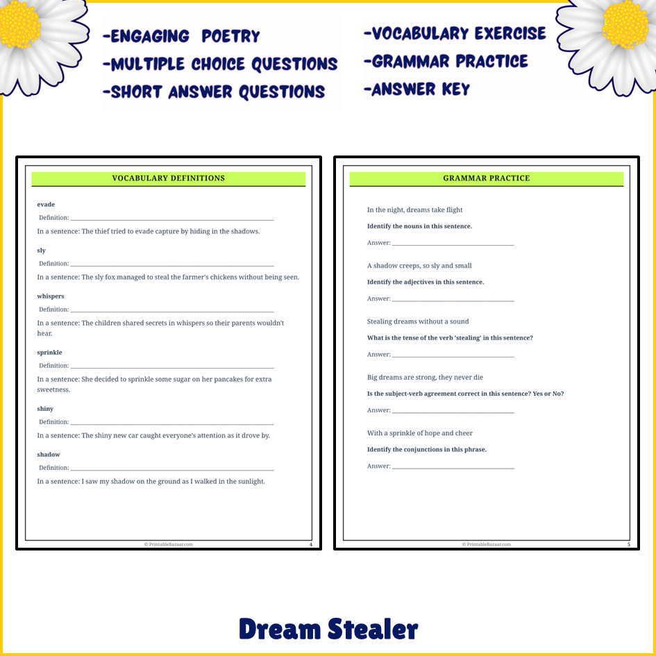 Dream Stealer | Poem Grammar Worksheet Printable Activity