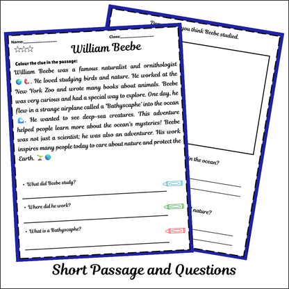 William Beebe | Short Reading Comprehension Creative Worksheet