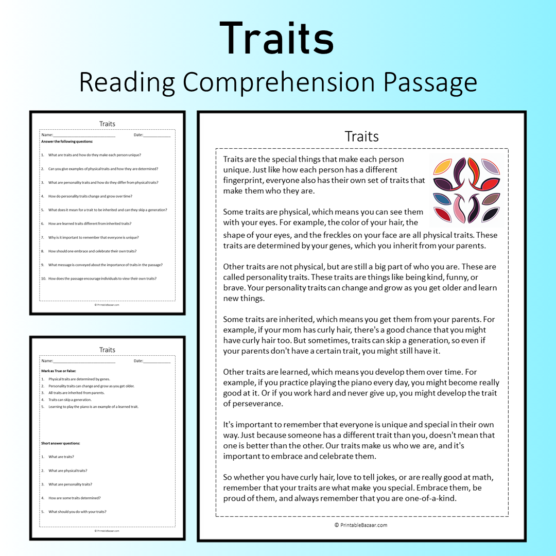 Traits | Reading Comprehension Passage Printable Worksheet