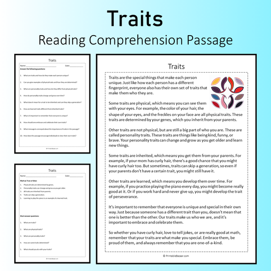 Traits | Reading Comprehension Passage Printable Worksheet