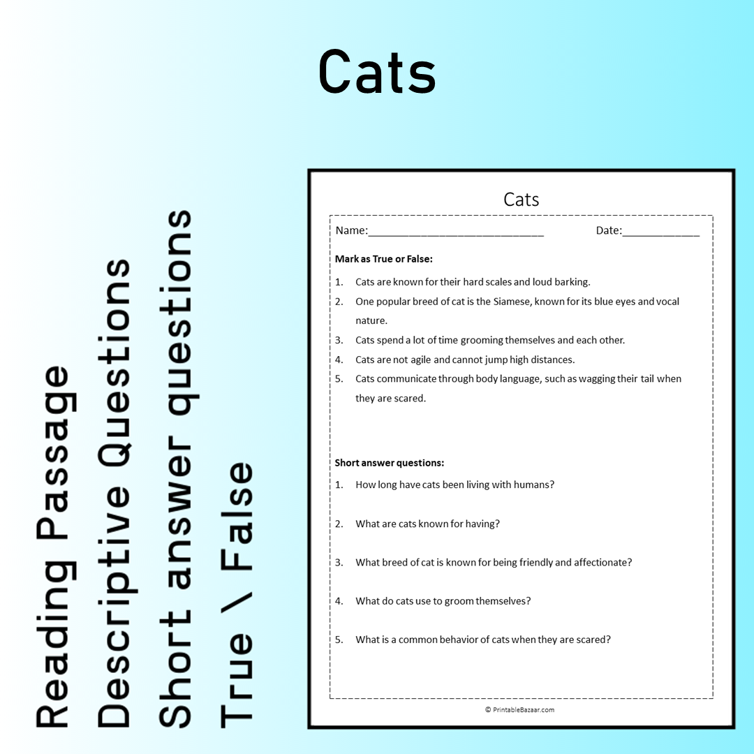 Cats | Reading Comprehension Passage Printable Worksheet
