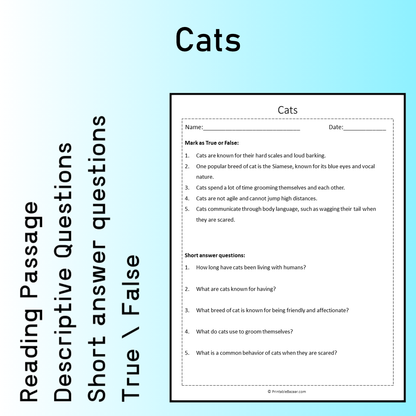 Cats | Reading Comprehension Passage Printable Worksheet