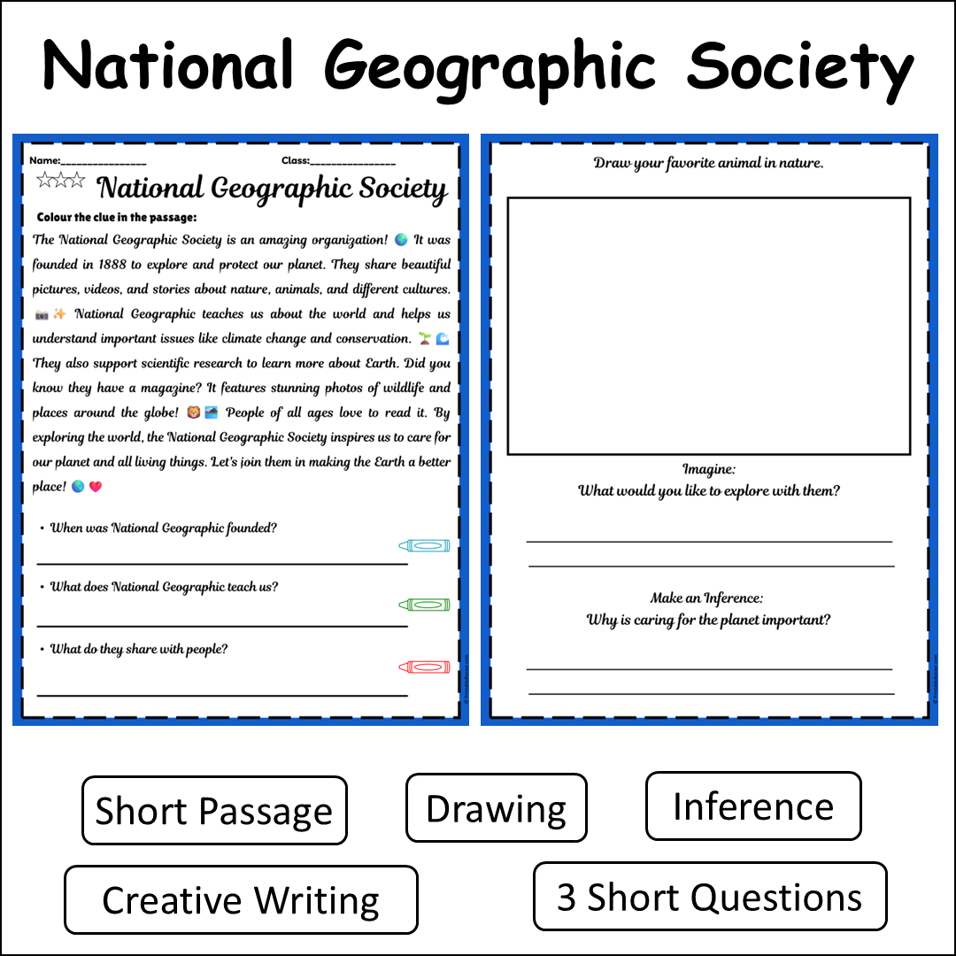 National Geographic Society | Short Reading Comprehension Creative Worksheet