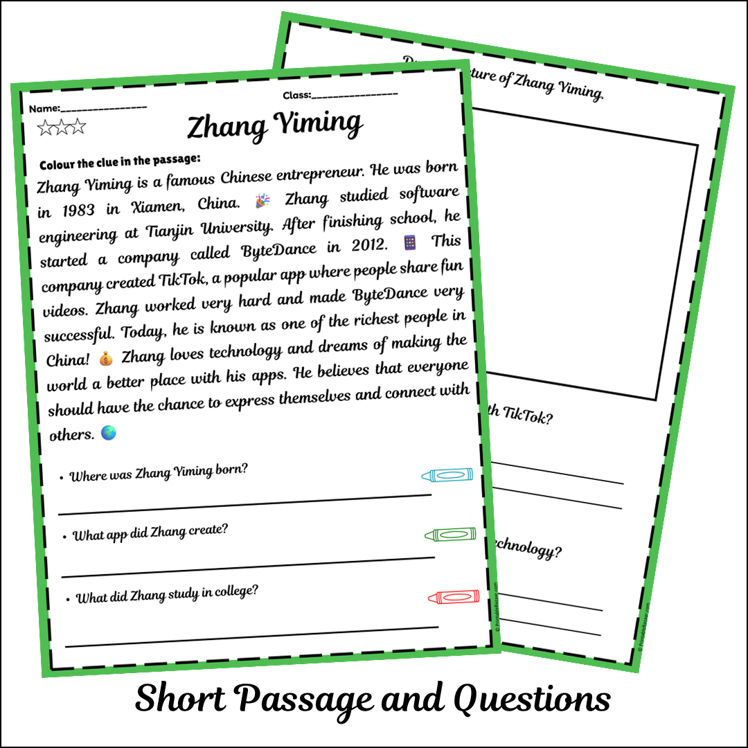 Zhang Yiming | Short Reading Comprehension Creative Worksheet