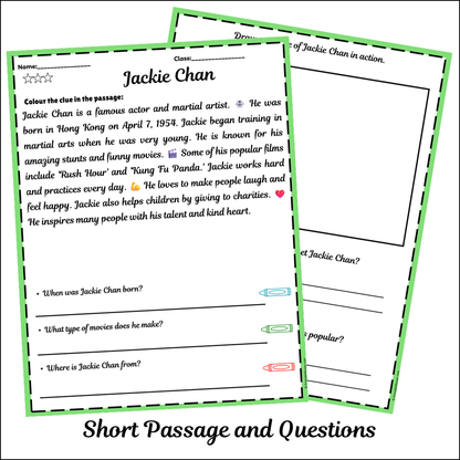 Jackie Chan | Short Reading Comprehension Creative Worksheet