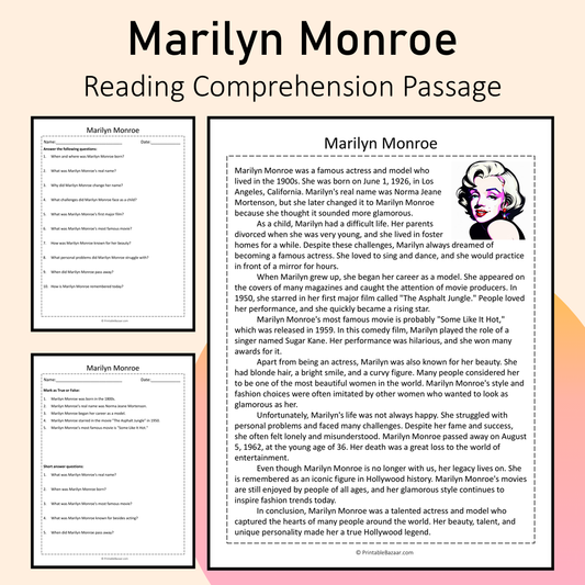 Marilyn Monroe | Reading Comprehension Passage Printable Activity