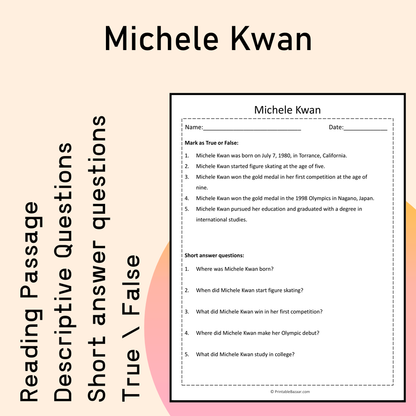 Michele Kwan | Reading Comprehension Passage Printable Activity