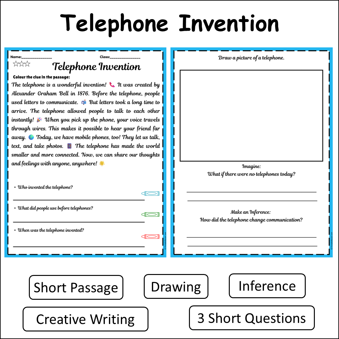 Telephone Invention | Short Reading Comprehension Creative Worksheet