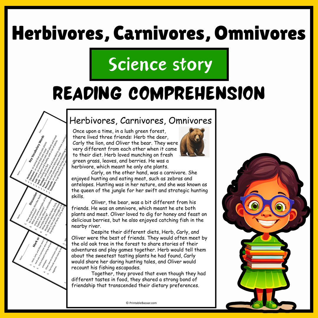 Herbivores, Carnivores, Omnivores | Science Story Reading Comprehension Activity