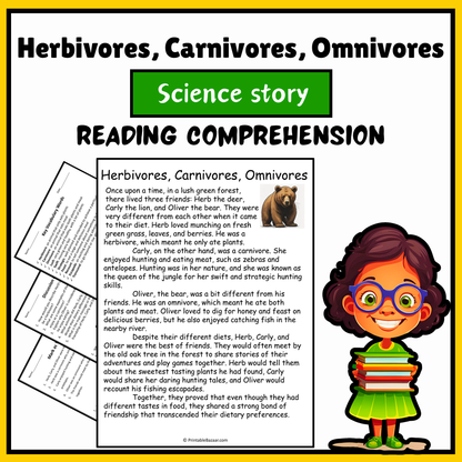 Herbivores, Carnivores, Omnivores | Science Story Reading Comprehension Activity