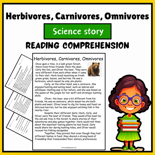 Herbivores, Carnivores, Omnivores | Science Story Reading Comprehension Activity