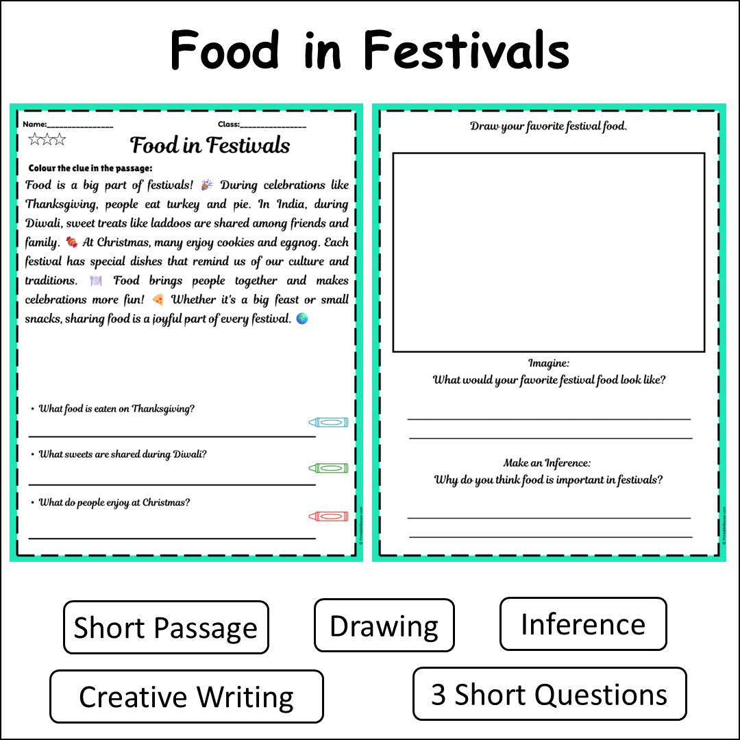 Food in Festivals | Short Reading Comprehension Creative Worksheet