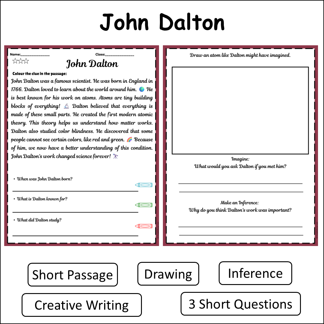 John Dalton | Short Reading Comprehension Creative Worksheet