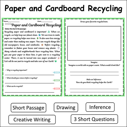 Paper and Cardboard Recycling | Short Reading Comprehension Creative Worksheet