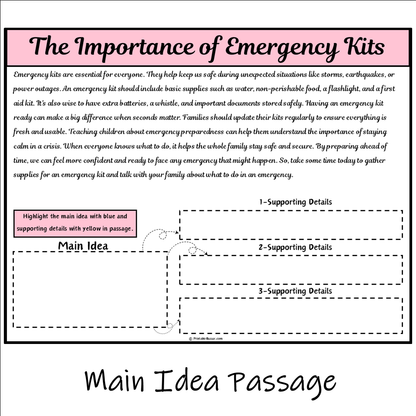 The Importance of Emergency Kits | Main Idea and Supporting Details Reading Passage and Questions