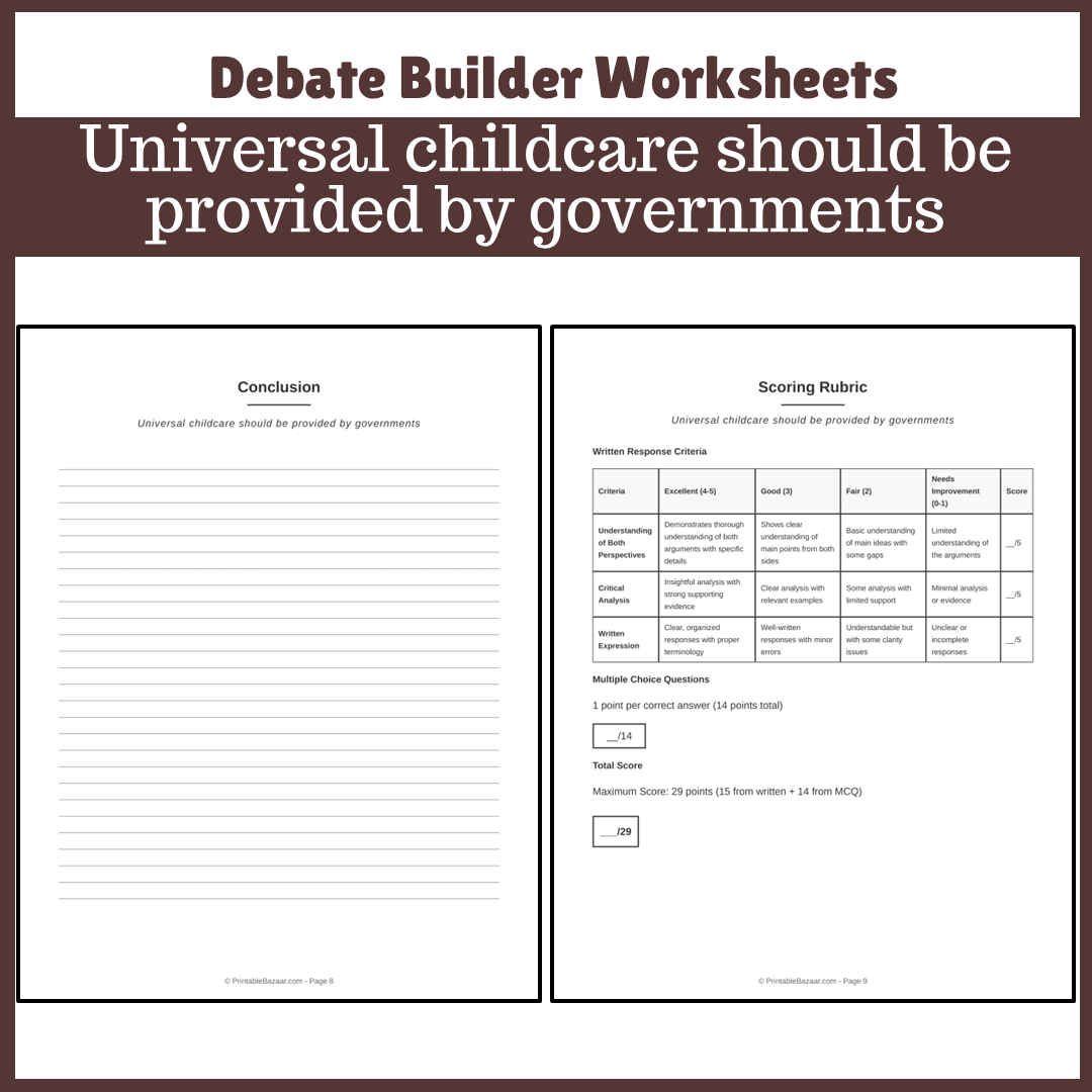 Universal childcare should be provided by governments | Favour and Against Worksheet Printable Activity