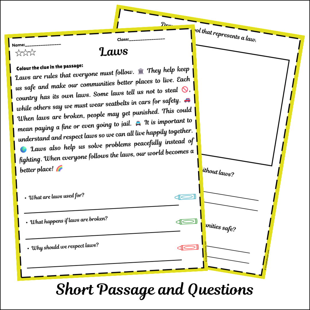 Laws | Short Reading Comprehension Creative Worksheet