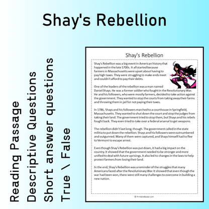 Shay's Rebellion | Reading Comprehension Passage Printable Worksheet