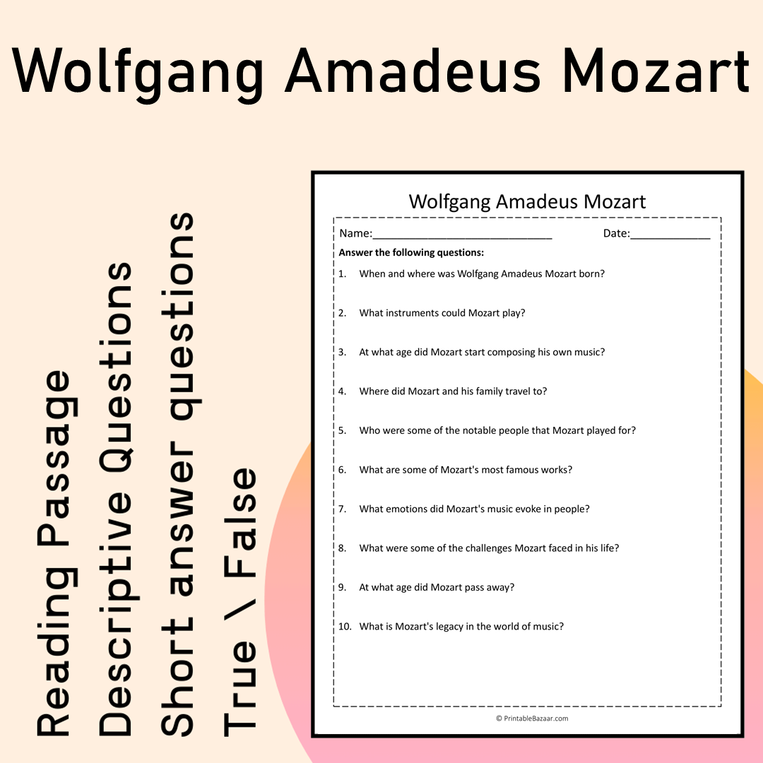 Wolfgang Amadeus Mozart | Reading Comprehension Passage Printable Activity