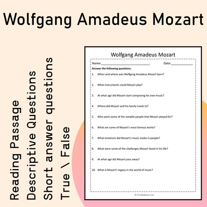 Wolfgang Amadeus Mozart | Reading Comprehension Passage Printable Activity