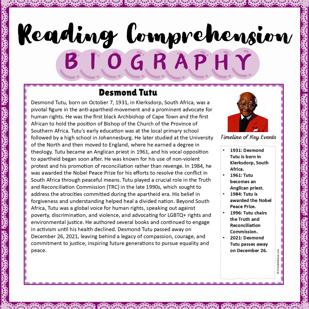 Desmond Tutu | Biography Reading Comprehension and Questions Worksheet