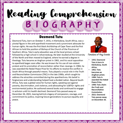 Desmond Tutu | Biography Reading Comprehension and Questions Worksheet